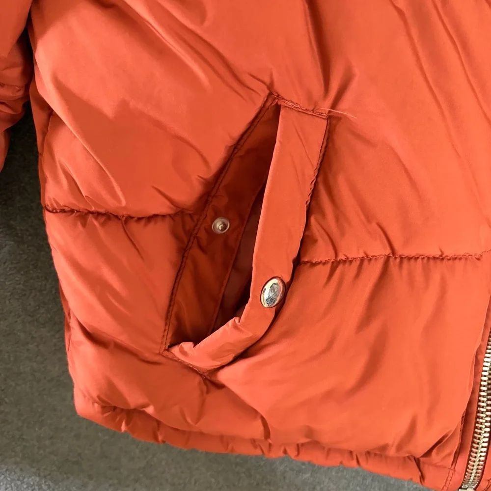 Bershka Puffer Jacket Kids Size S Orange Quilted Full Zip Stand Collar Warm Coat